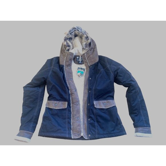NWT Kuhl Arktik Waxed Jacket L Faux Fur Sherling Fleece Hooded Raven $349 Black - Picture 13 of 17
